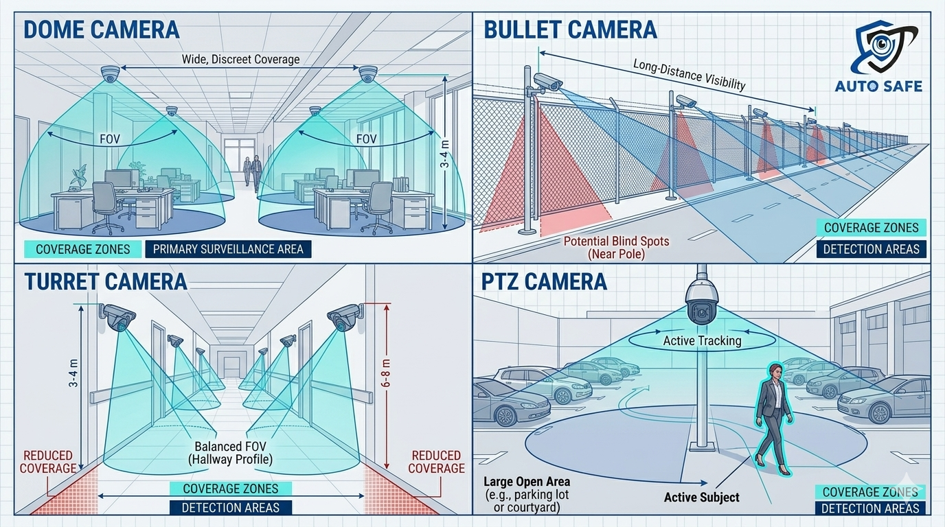 cctv camera types comparison diagram dome bullet ptz coverage egypt 2026